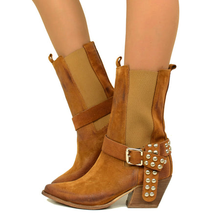 Texanische Stiefel aus Leder und Wildleder mit elastischen Einsätzen und Nieten