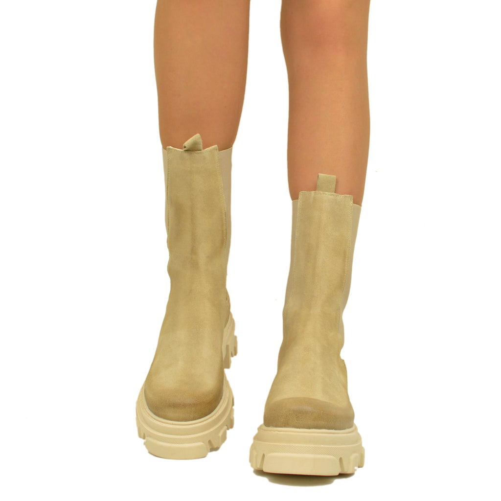 Beige Ankle Boots in Suede with Elasticated Inserts - 3