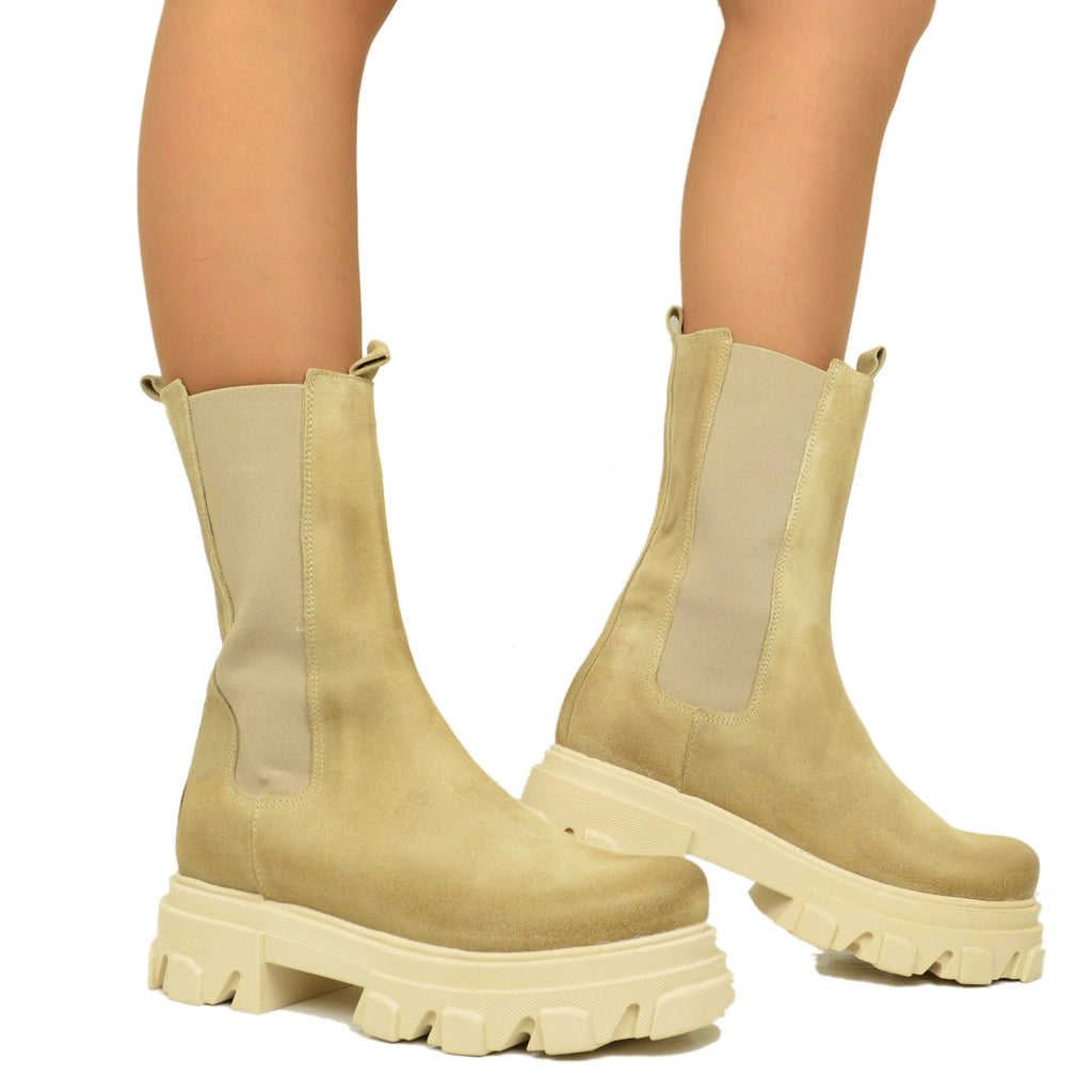 Beige Ankle Boots in Suede with Elasticated Inserts - 4