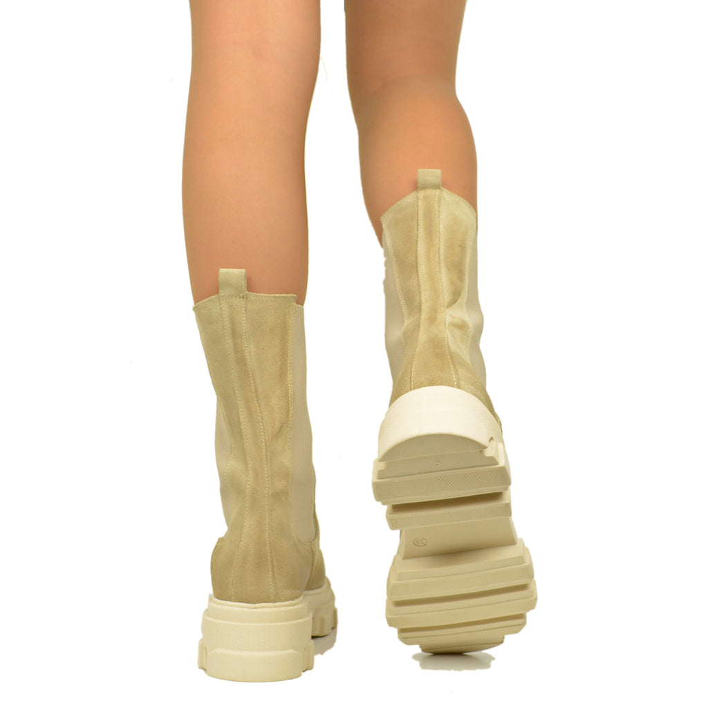 Beige Ankle Boots in Suede with Elasticated Inserts - 5