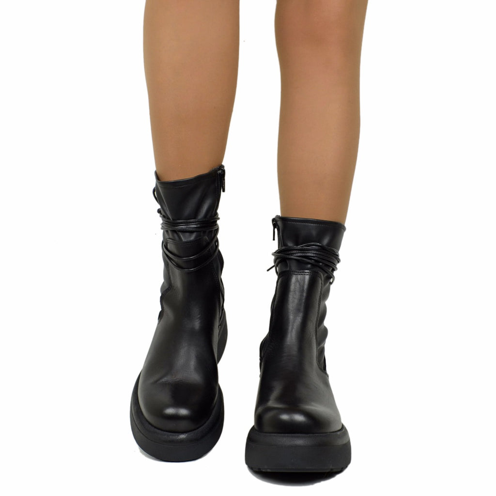 Stivaletti Donna Platform Elasticizzati Neri con Lacci - 3