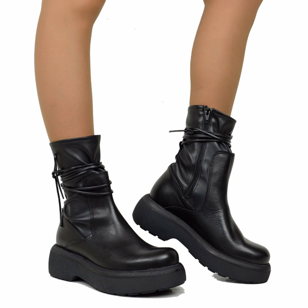 Stivaletti Donna Platform Elasticizzati Neri con Lacci - 4