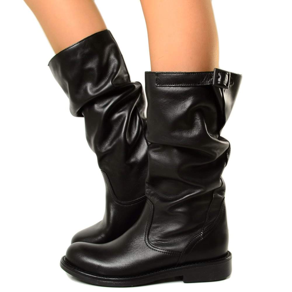 Comfortable Mid Calf Biker Boots in Genuine Black Leather