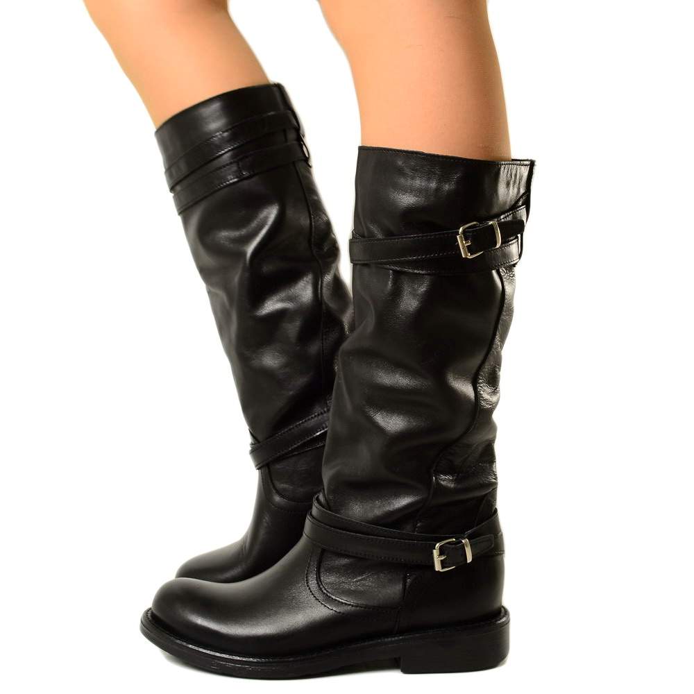 Camperos High Women's Boots with Buckles in Black Smooth Leather