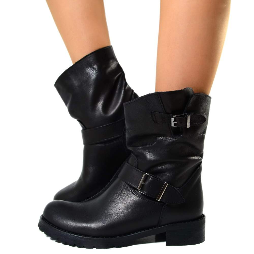 Women's Police Black Leather Biker Boots Made in Italy