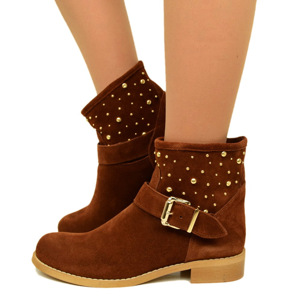 Women's Brown Suede Ankle Boots with Studs Made in Italy