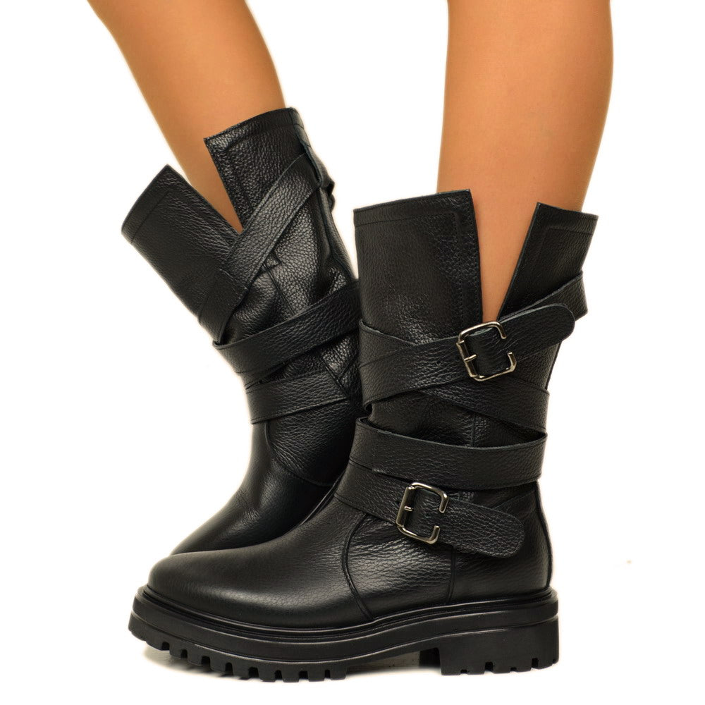 Women's Biker Boots in Tumbled Leather Made in Italy with Buckles