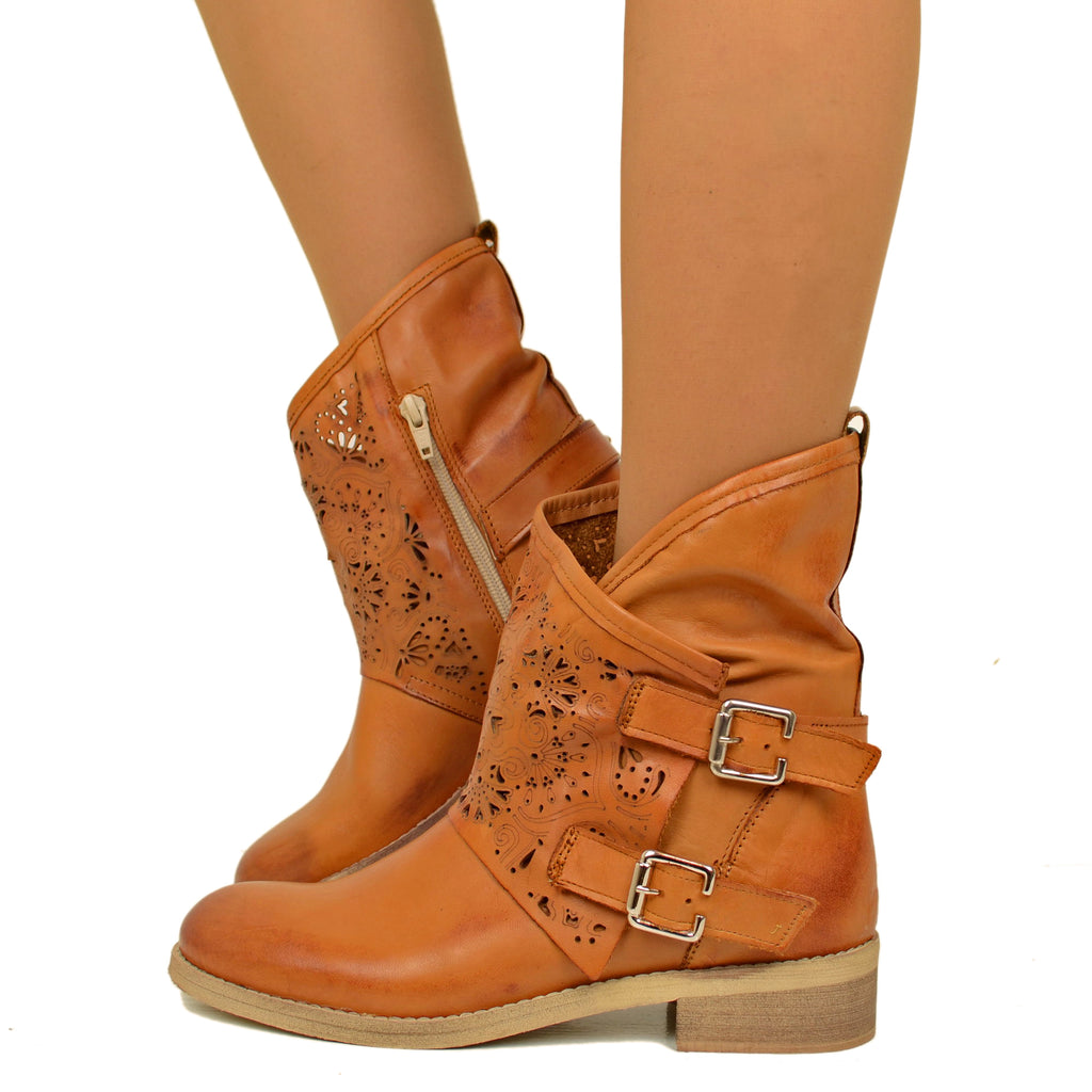 Women's Perforated Leather Biker Boots with Leather Gaiter
