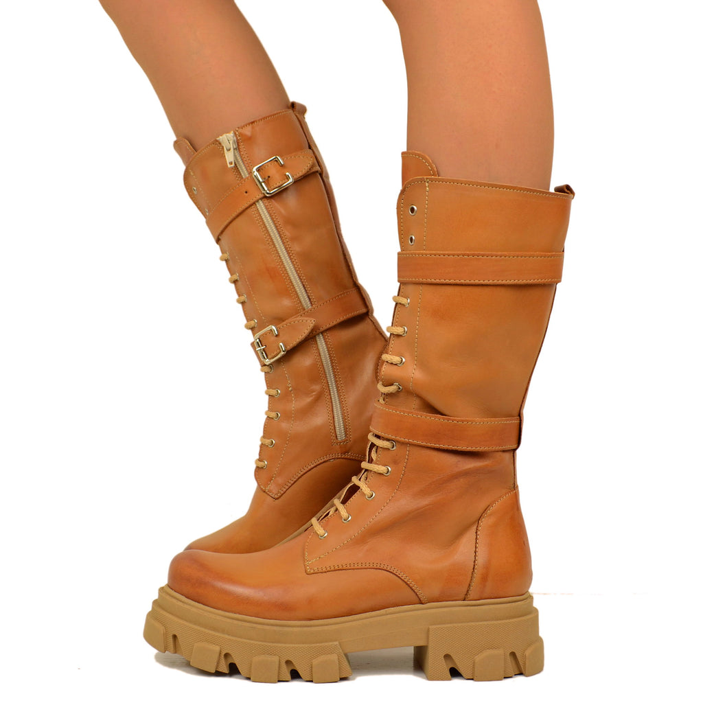 Stivali Donna Anfibi Marroni in Pelle Made in Italy