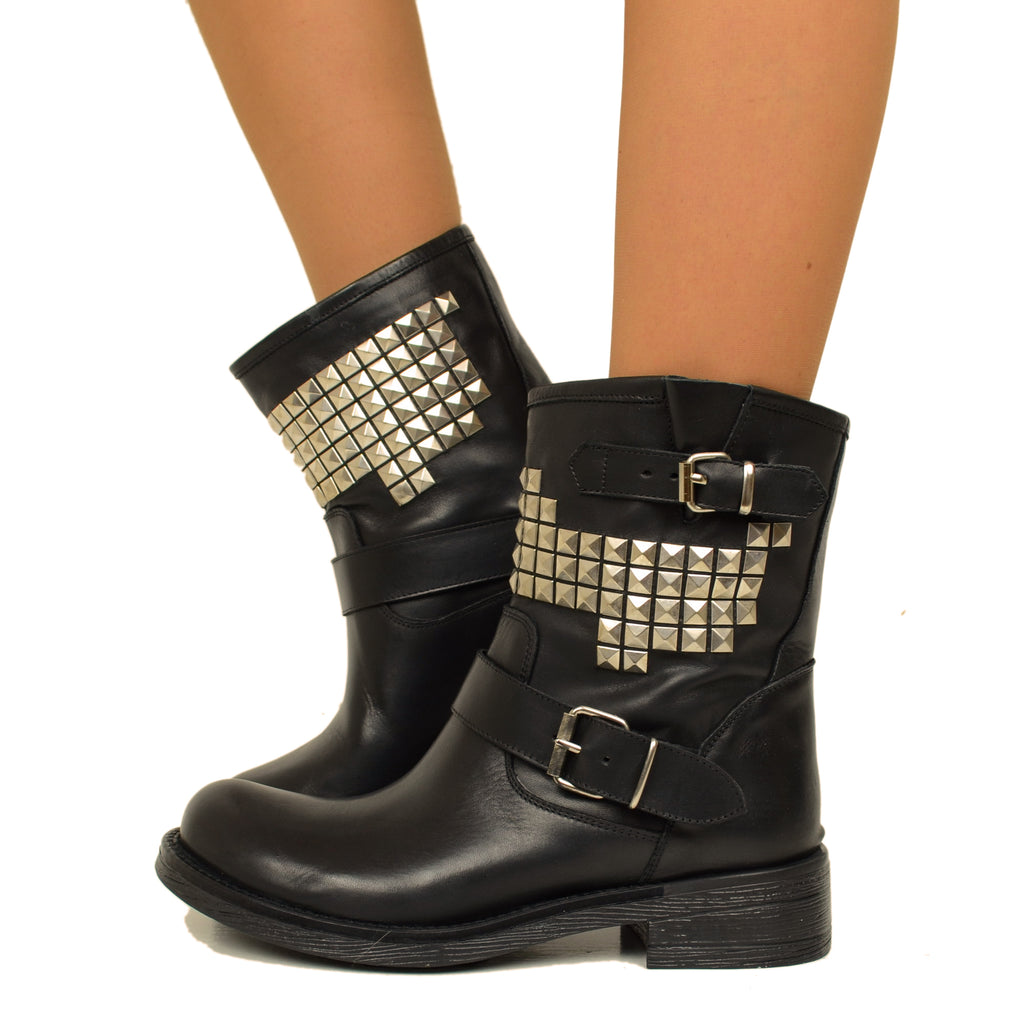 Women's Biker Boots with Studs in Genuine Black Leather Made in Italy
