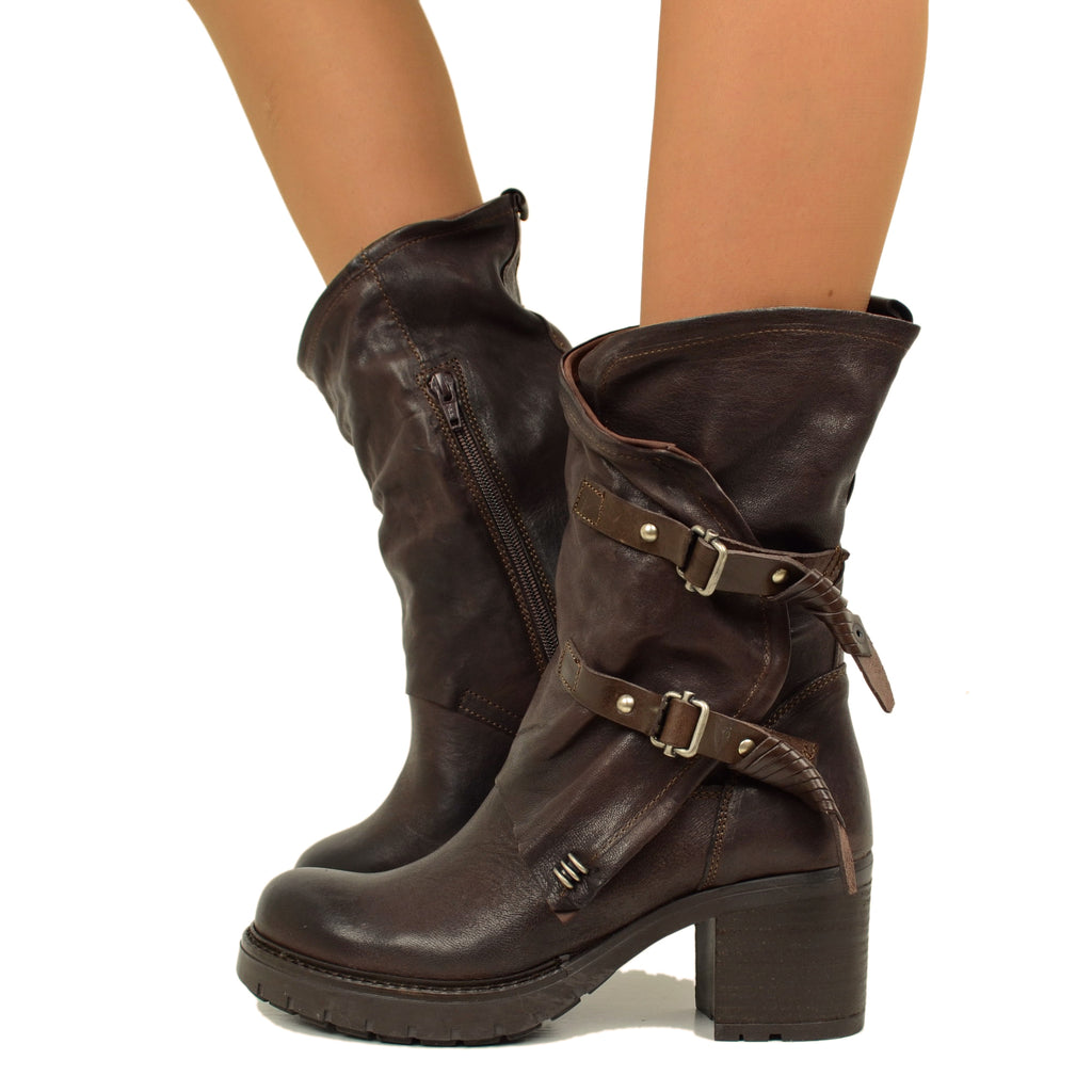 Dark Brown Biker Women's Boots in Vintage Leather Made in Italy