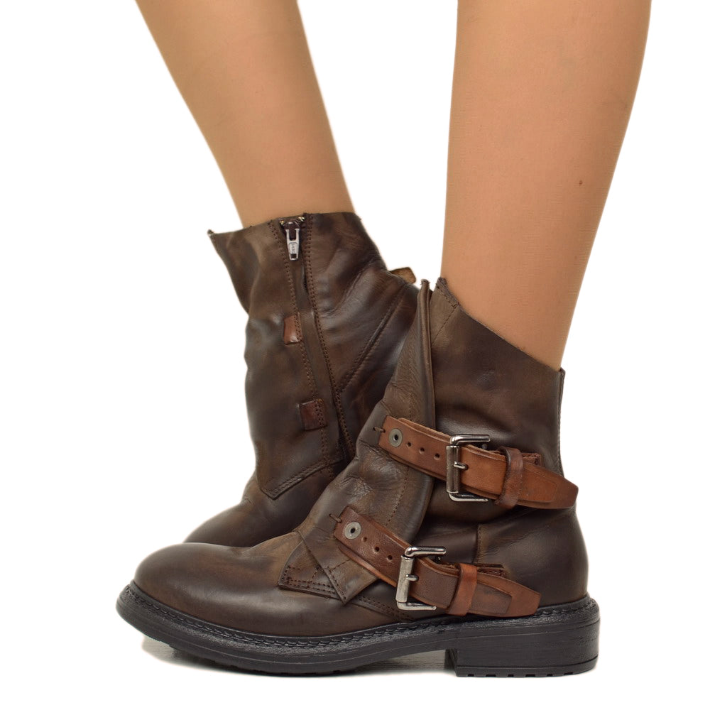 Women's Biker Ankle Boots in Dark Brown Leather with Buckles