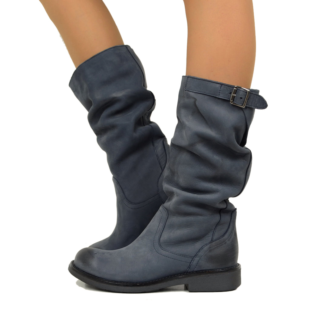 Mid Calf Biker Boots in Blue Vintage Leather