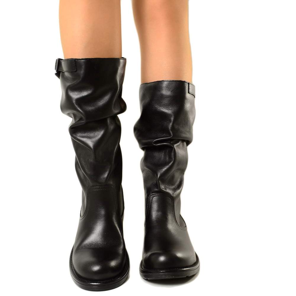 Comfortable Mid Calf Biker Boots in Genuine Black Leather - 6