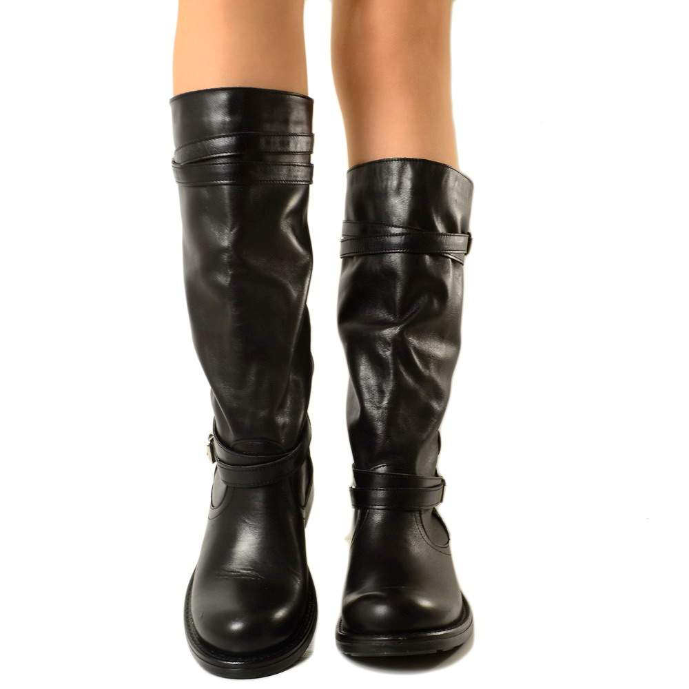 Camperos High Women's Boots with Buckles in Black Smooth Leather - 4