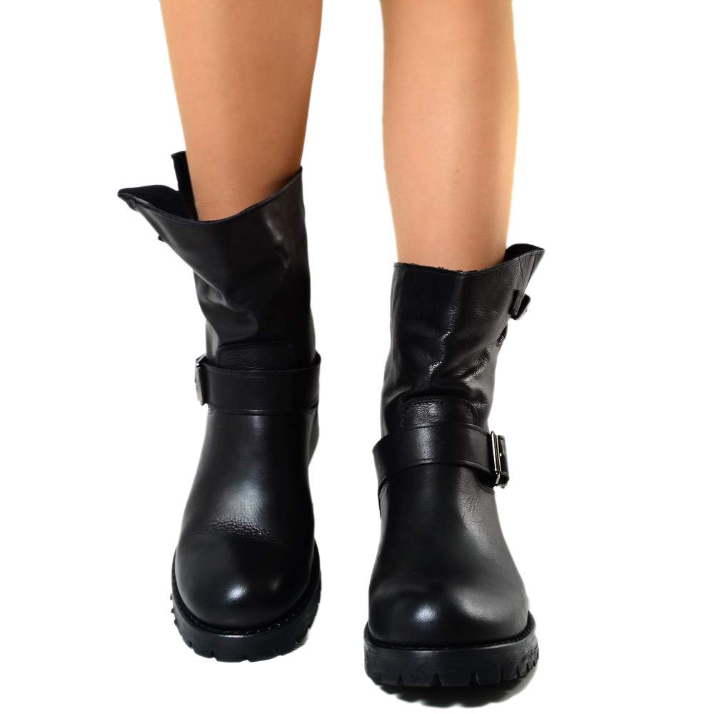 Women's Police Black Leather Biker Boots Made in Italy - 4