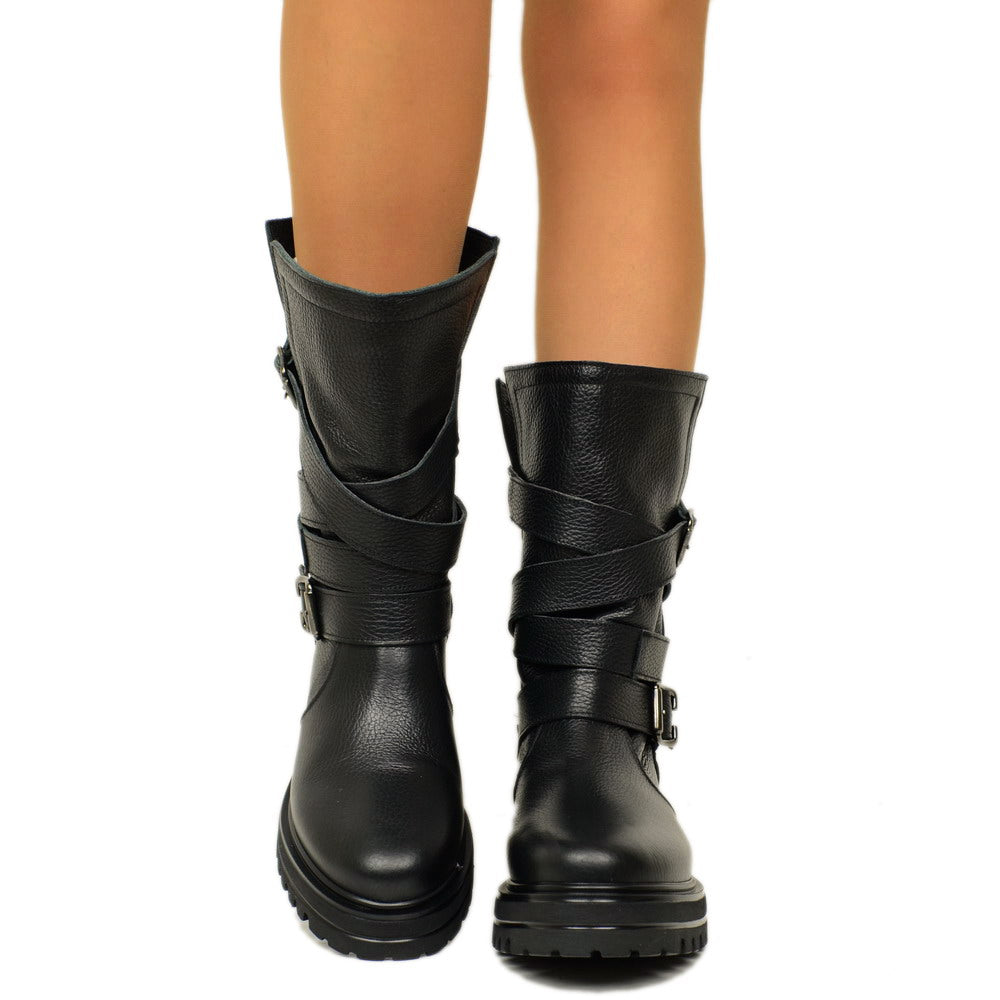 Women's Biker Boots in Tumbled Leather Made in Italy with Buckles - 2