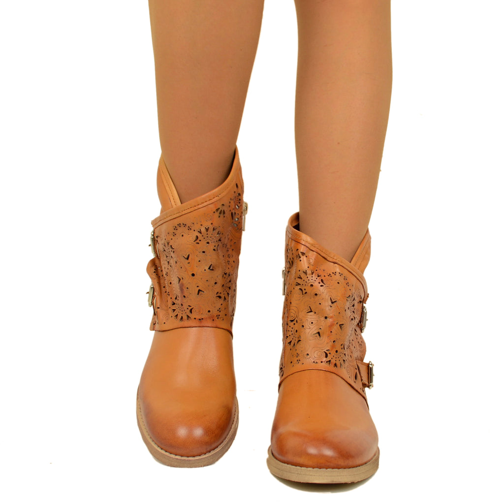 Women's Perforated Leather Biker Boots with Leather Gaiter - 3