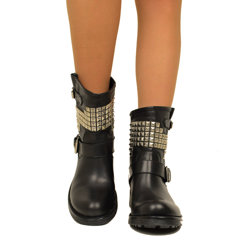 Women's Biker Boots with Studs in Genuine Black Leather Made in Italy - 3