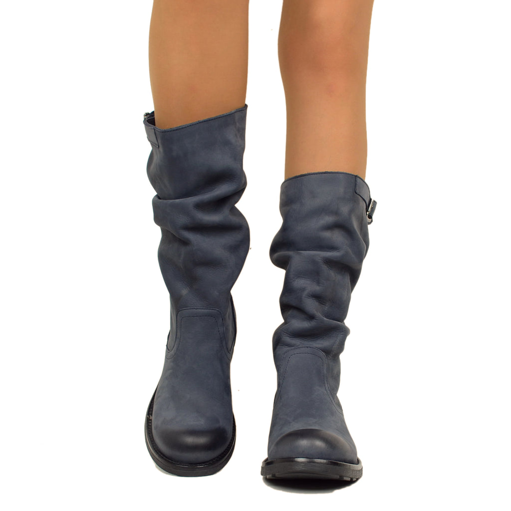 Mid Calf Biker Boots in Blue Vintage Leather - 3