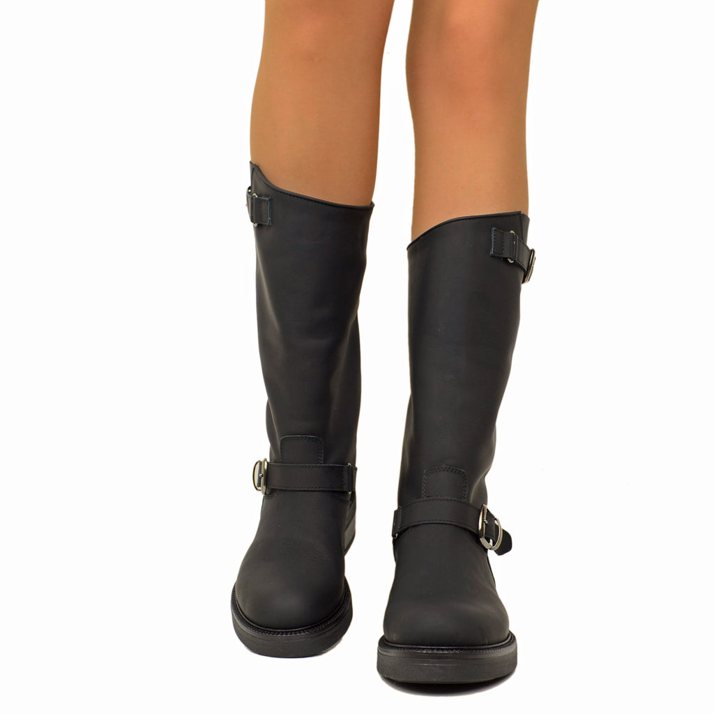 Women's Black Leather Biker Boots with Adjustable Buckles - 3