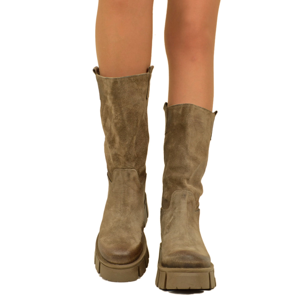 Stivali Biker in Pelle Scamosciata Taupe Made in Italy - 5