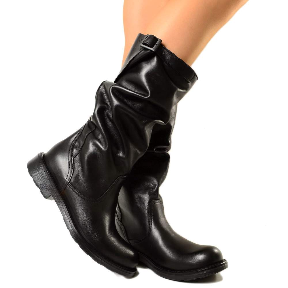 Comfortable Mid Calf Biker Boots in Genuine Black Leather