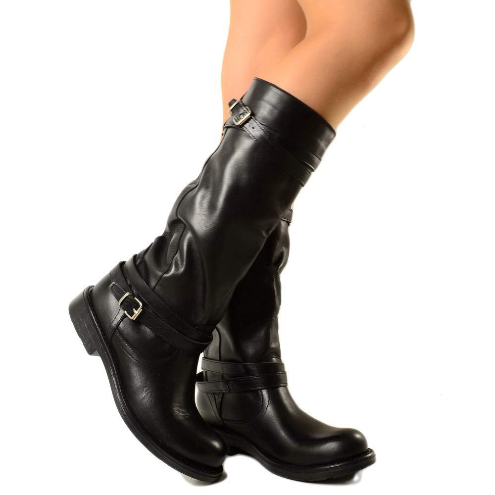 Camperos High Women's Boots with Buckles in Black Smooth Leather - 6