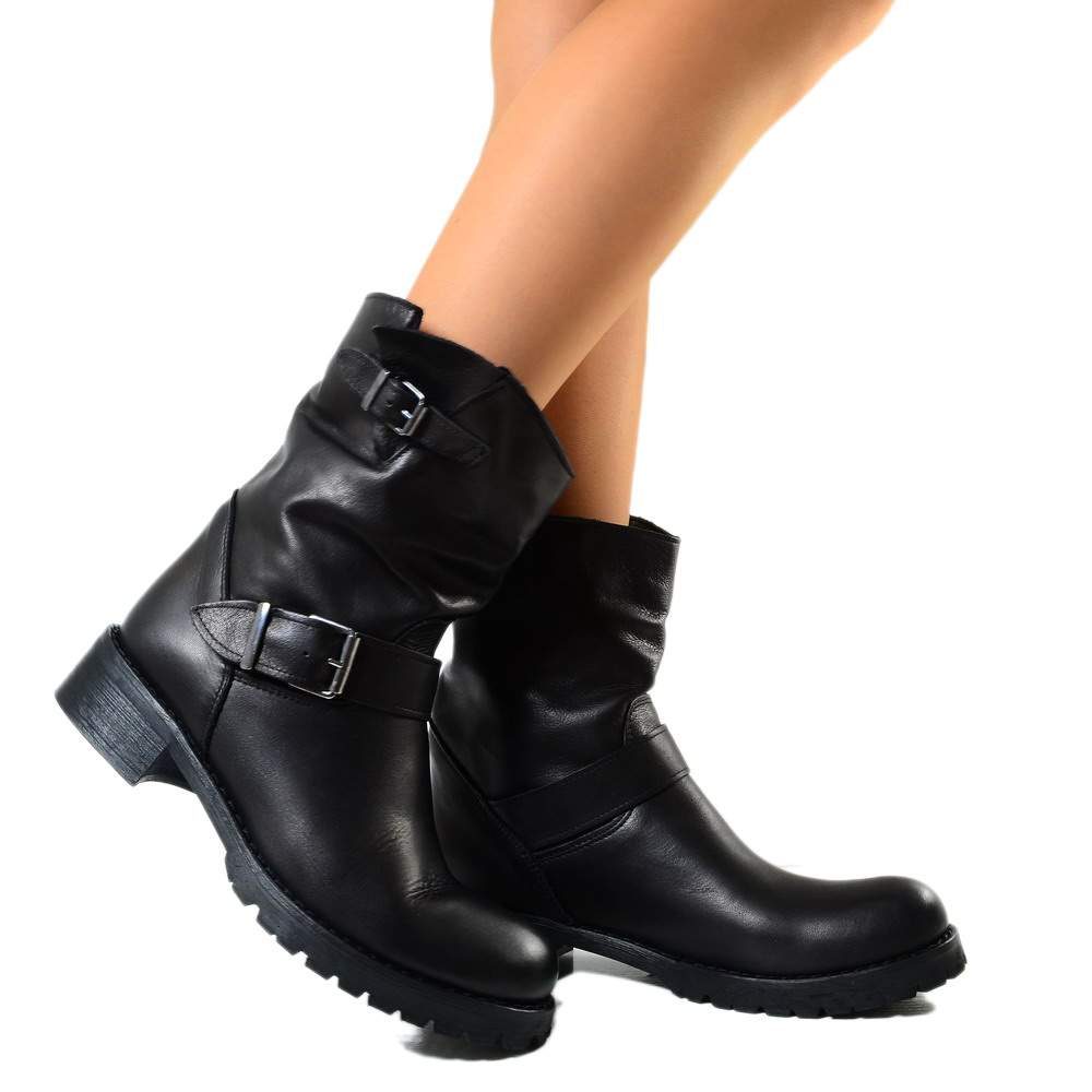 Women's Police Black Leather Biker Boots Made in Italy - 3