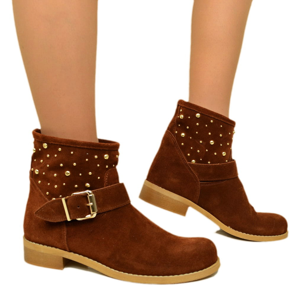 Women's Brown Suede Ankle Boots with Studs Made in Italy - 4
