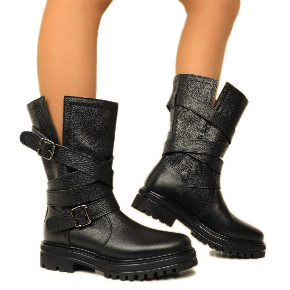 Women's Biker Boots in Tumbled Leather Made in Italy with Buckles - 4