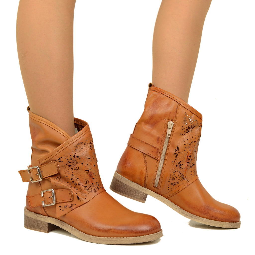 Women's Perforated Leather Biker Boots with Leather Gaiter - 4