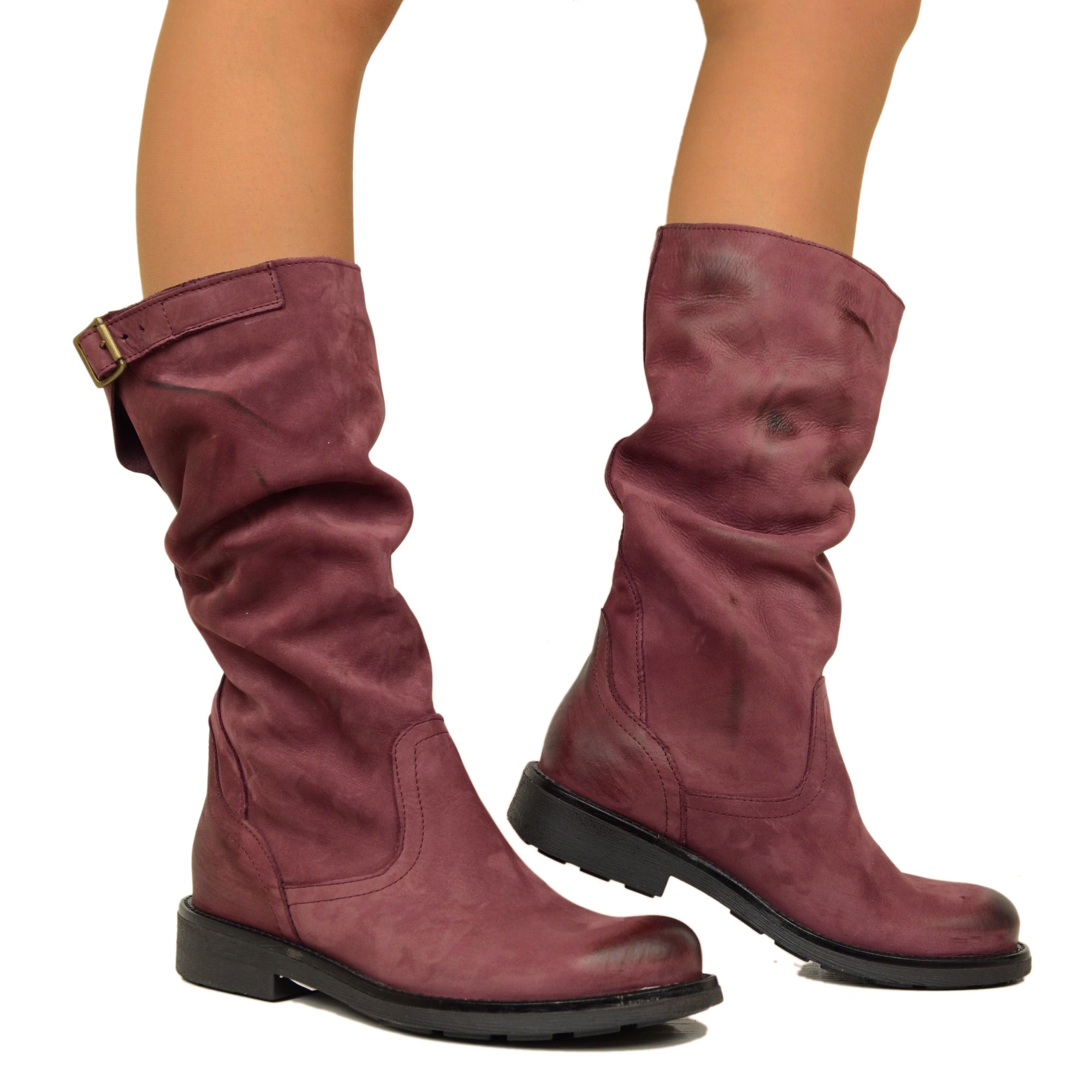 Tacco Basso Stivali In Ecopelle Alti Stivali Biker Stivali In