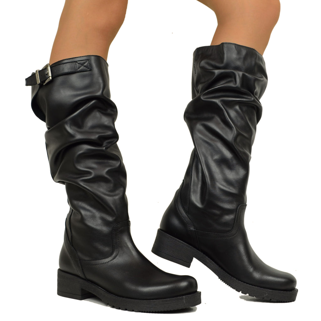 Women's Biker Boots with Black Leather Buckle Made in Italy - 3