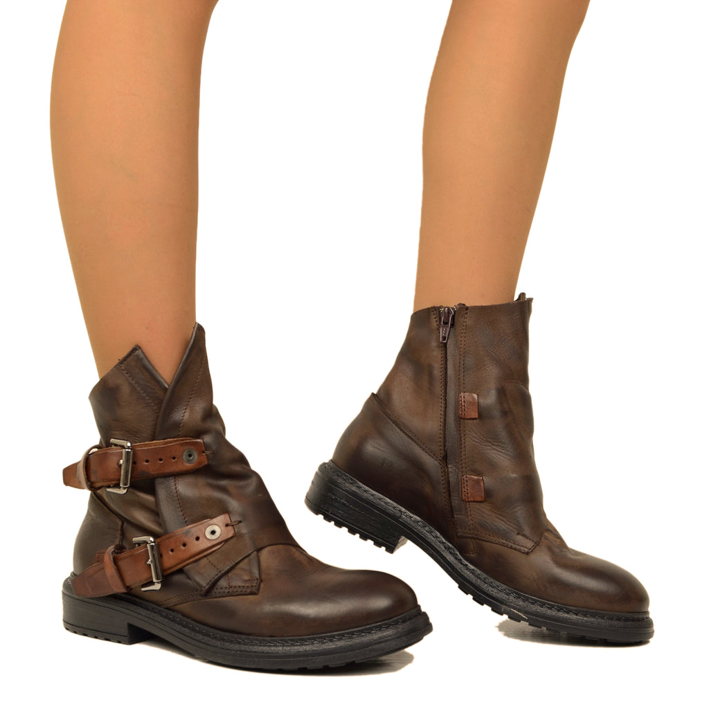Stivaletti Donna Biker in Pelle Testa di Moro con Fibbie - 5