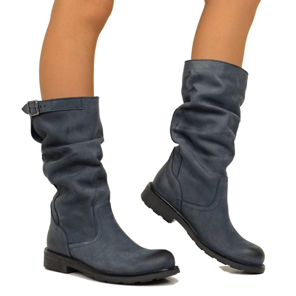 Mid Calf Biker Boots in Blue Vintage Leather - 5
