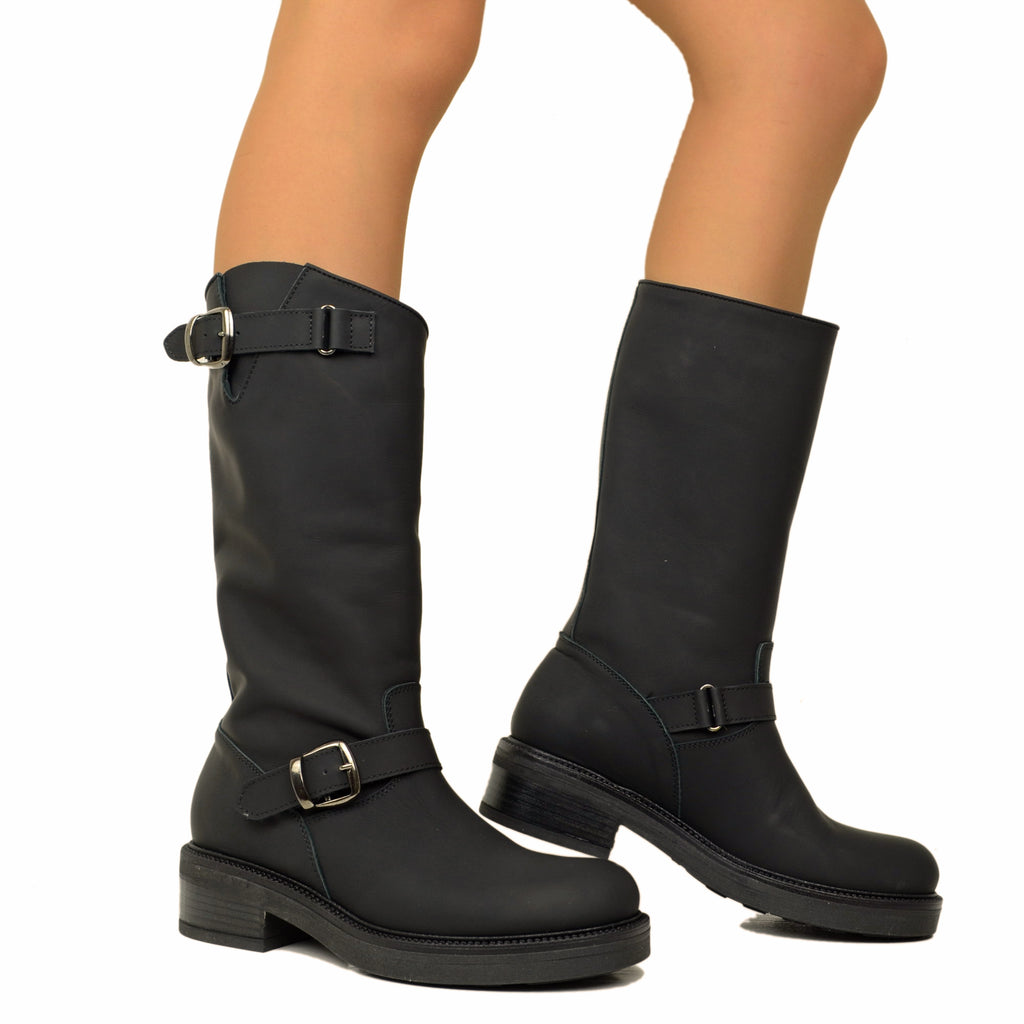 Women's Black Leather Biker Boots with Adjustable Buckles - 2