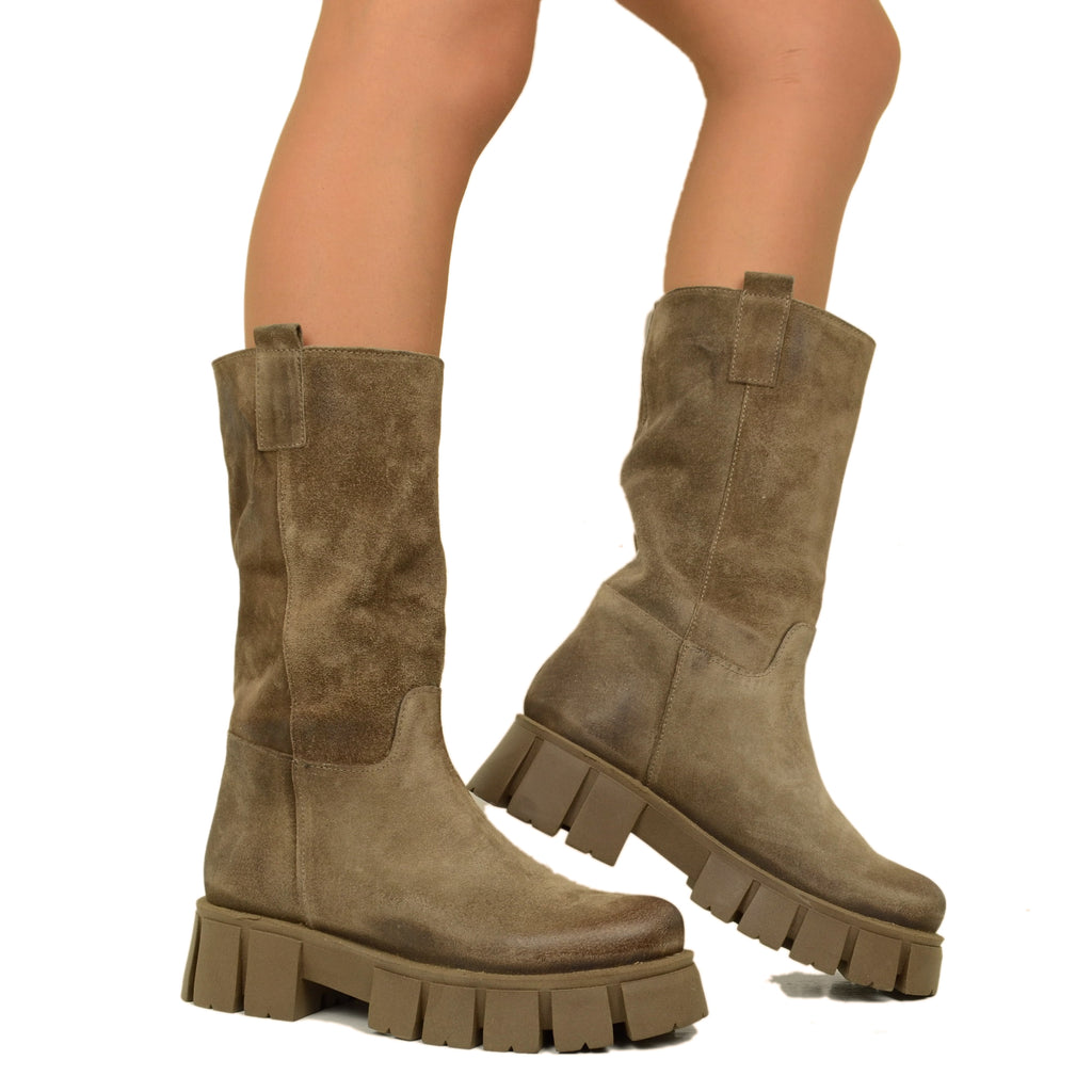 Stivali Biker in Pelle Scamosciata Taupe Made in Italy - 3