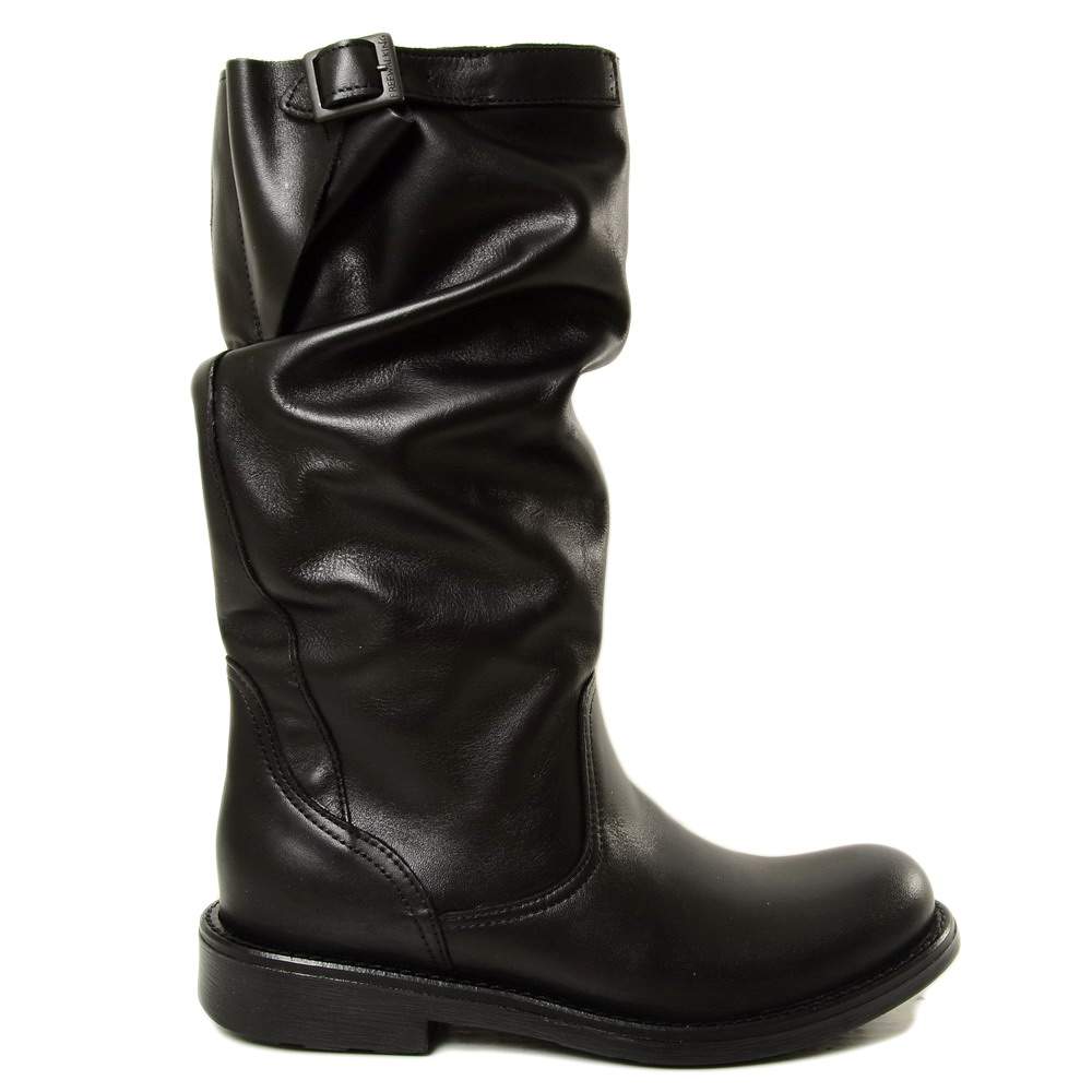 Comfortable Mid Calf Biker Boots in Genuine Black Leather - 3