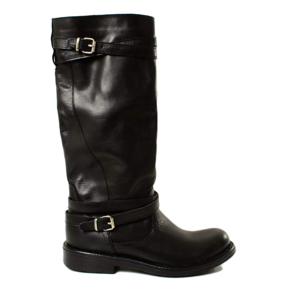 Camperos High Women's Boots with Buckles in Black Smooth Leather - 3
