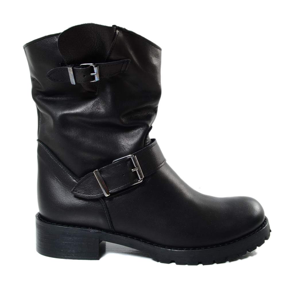 Women's Police Black Leather Biker Boots Made in Italy - 2