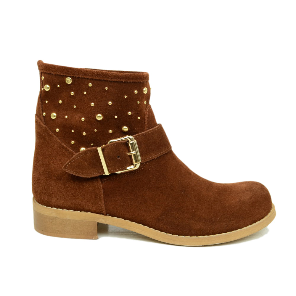 Women's Brown Suede Ankle Boots with Studs Made in Italy - 3