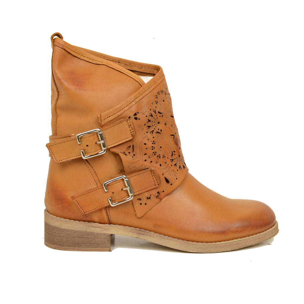 Women's Perforated Leather Biker Boots with Leather Gaiter - 2