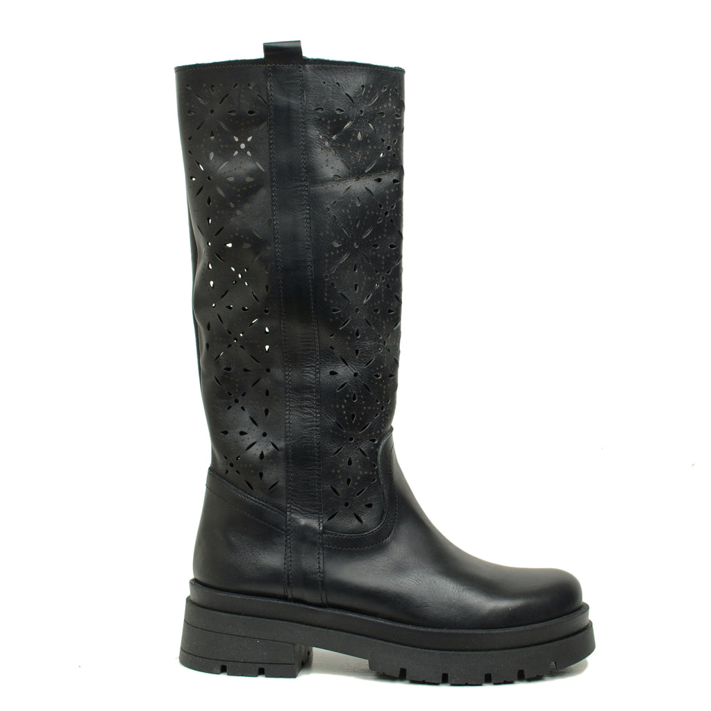 Stivali Donna Traforati Neri in Pelle con Fondo Platform - 6