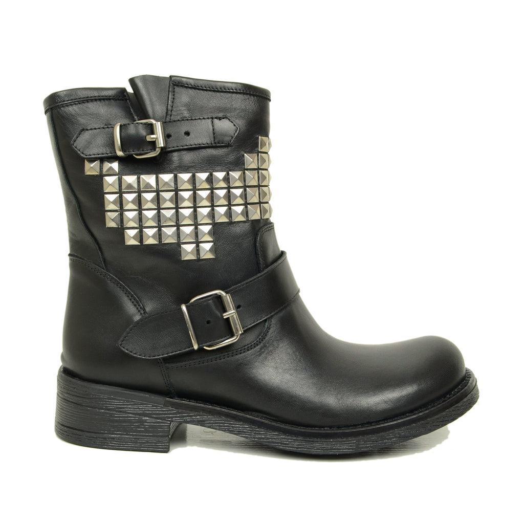 Women's Biker Boots with Studs in Genuine Black Leather Made in Italy - 5