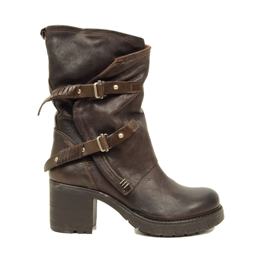 Dark Brown Biker Women's Boots in Vintage Leather Made in Italy - 2