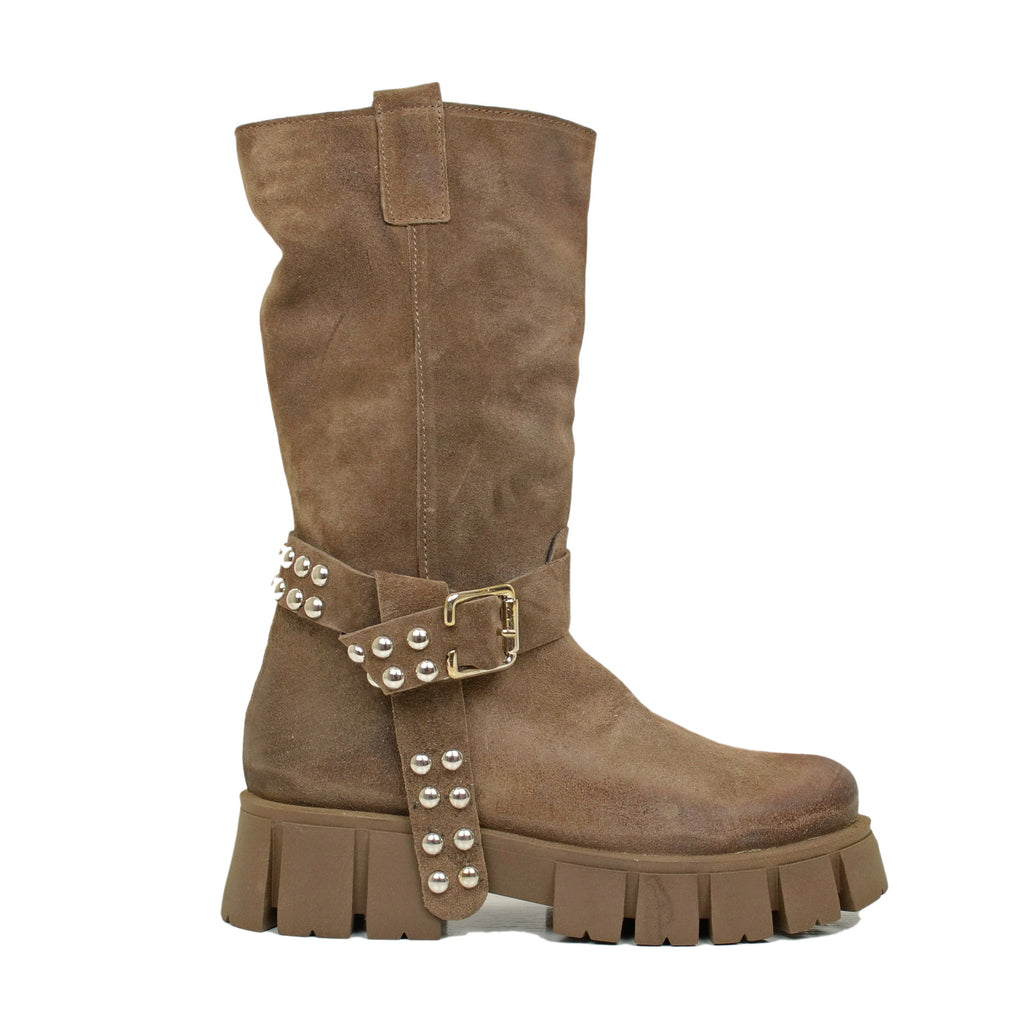 Taupe Suede Biker Boots with Buckle and Studs - 2