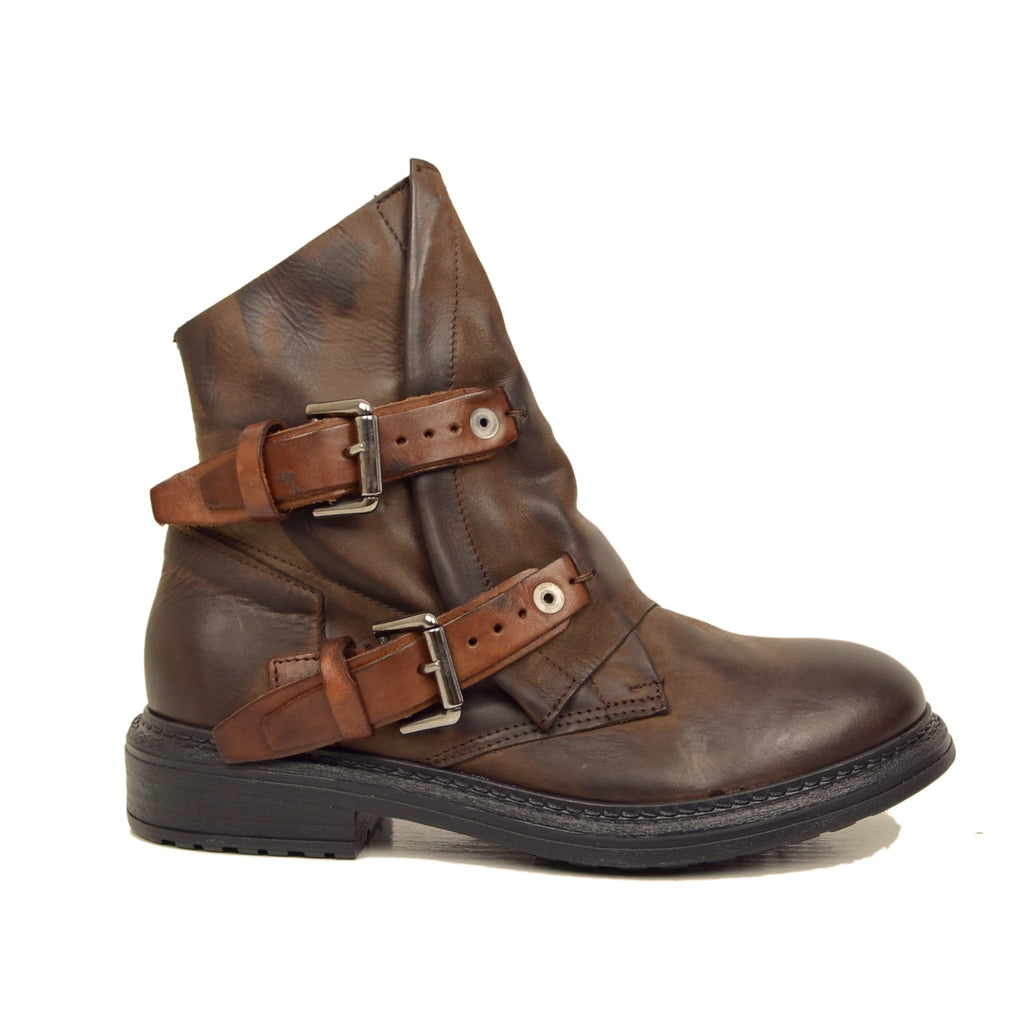 Women's Biker Ankle Boots in Dark Brown Leather with Buckles - 2