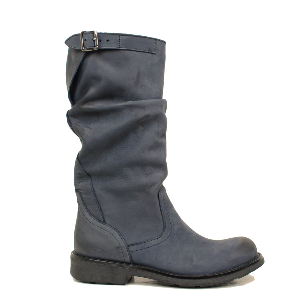 Mid Calf Biker Boots in Blue Vintage Leather - 4