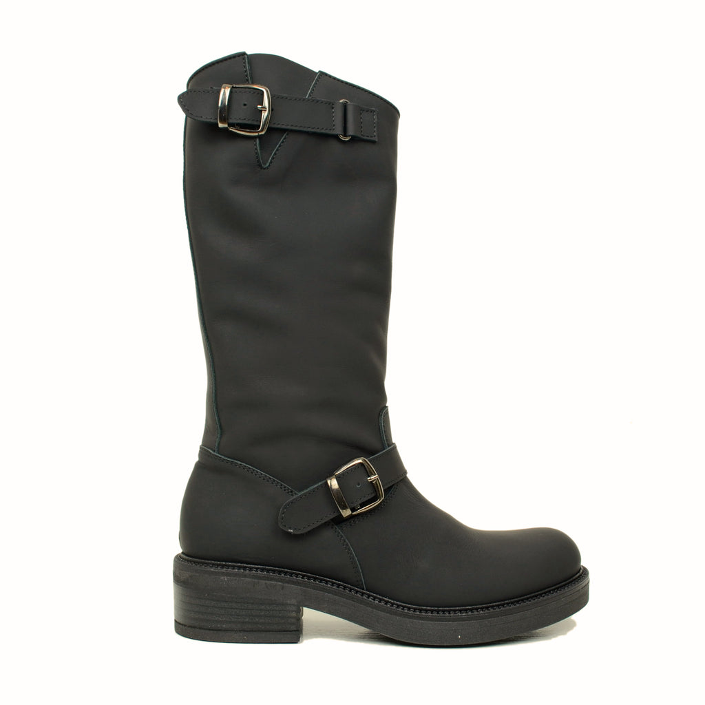 Women's Black Leather Biker Boots with Adjustable Buckles - 5